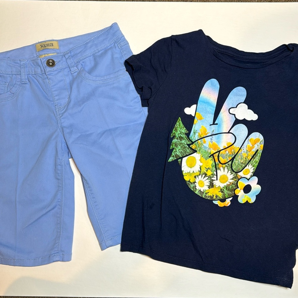 Children’s place graphic Tee size large (10/12). Shorts size 12